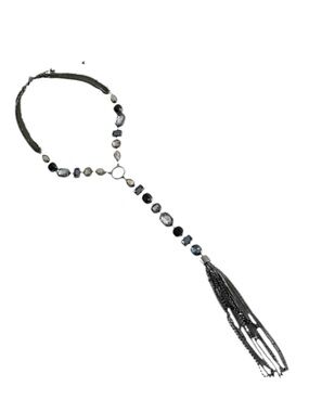 WHBM Lariat Style Necklace Crystal & Bead Tassel Chain Blue Black Silver Gold